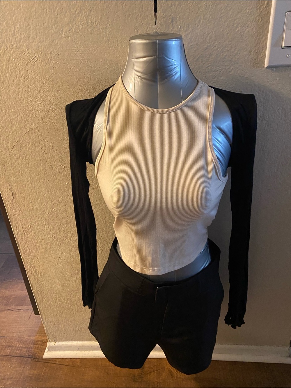 Cream Ribbed Long Sleeve Crop Top with Black Bolero Sleeves